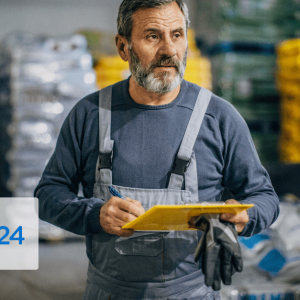 Bearded man with clipboard walking through a warehouse