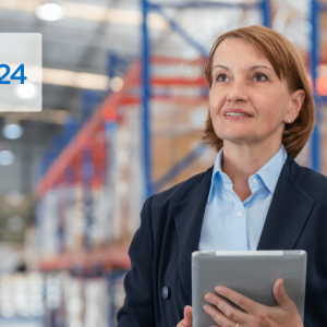 A woman with a tablet, standing in a properly configured Warehouse Management System