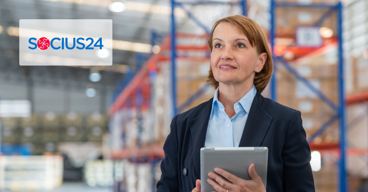 A woman with a tablet, standing in a properly configured Warehouse Management System